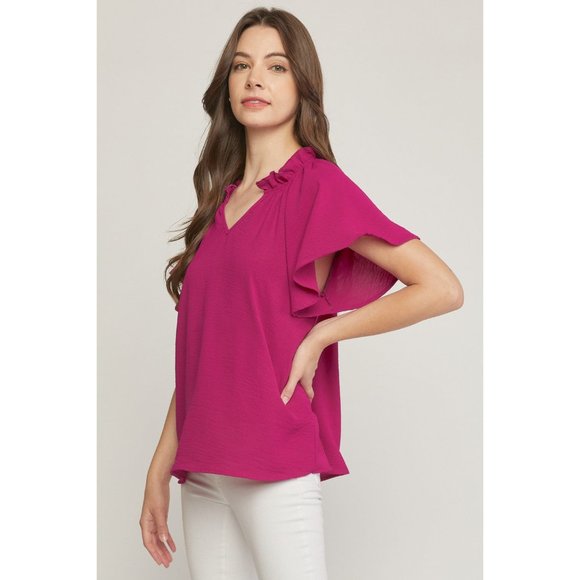 Entro Ruffled Flutter Sleeve Blouse, Magenta - Picture 3 of 7